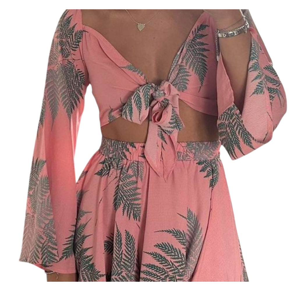 PrettyLittleThing Crop Top Womens 10 Pink Green Leaf Print Long Sleeve Tie Front